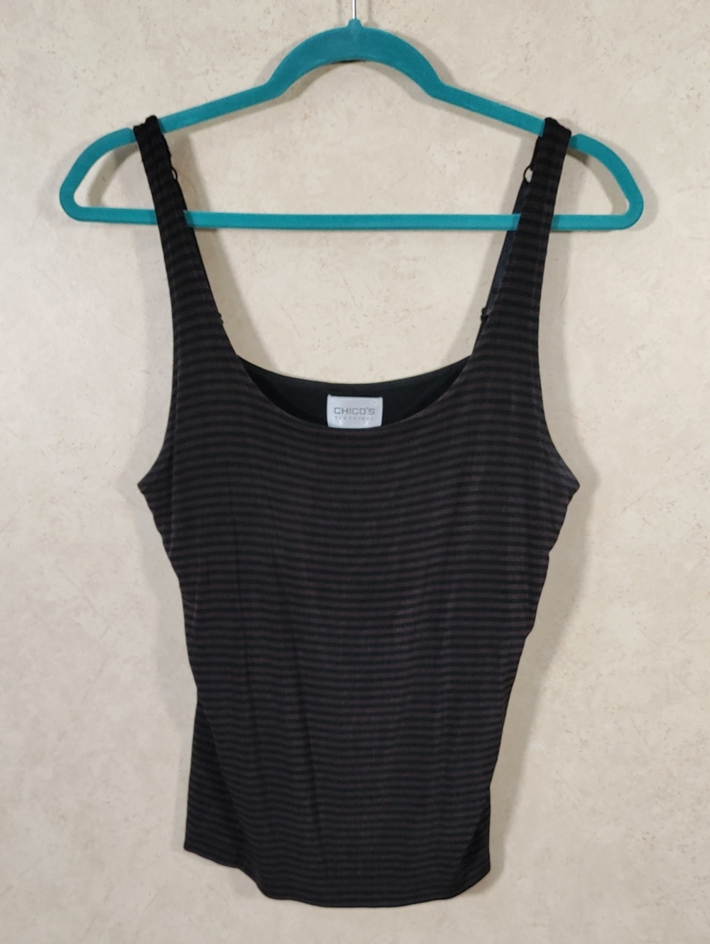 J097 Chico's Travelers Black & Brown Striped Tank Top 2 L